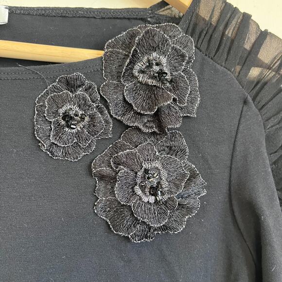 Vintage 90s Y2K Cache Womens Shirt Size L Black Sheer Mesh 3D Flowers Stretchy - Picture 6 of 8